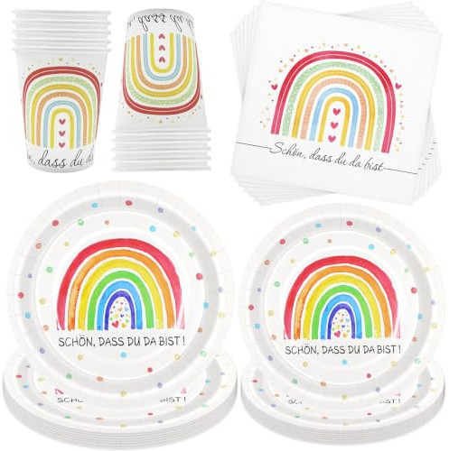 50 Stück Regenbogen Partygeschirr Set,mit Pappteller Becher und Servietten | Regenbogen Geburtstag Deko mit SCHÖN DASS DU DA BIST,Partyzubehör Geschirr,für Partydeko Tischdeko für 10 Gäste