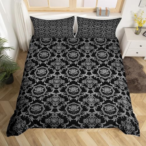 richhome Adults Gothic Cotton Duvet Cover Set Double Size Vintage Rose Boho Comforter Cover Set Black White Damask Duvet Cover Luxury Farmhouse Bedspread Cover Room Decorations Quilt Cover