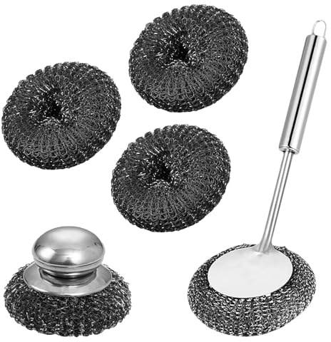 5 Pcs Stainless Steel Scourers with Handle with Replacement Pads | Steel Wool Scrubber with Long Handle, Heavy Duty Cleaning Supplies for Cleaning Kitchen Pots Pans Grills Sink