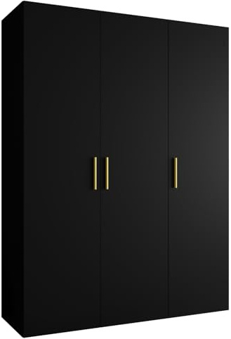 MEBLE KRYSPOL - Kleiderschrank - Garderobenschrank - 150 cm x 202 x 52 cm - Schrank mit Kleiderstange, 3 Türen - für Schlafzimmer, Flur - BARI, Schwarz, Griff Gold
