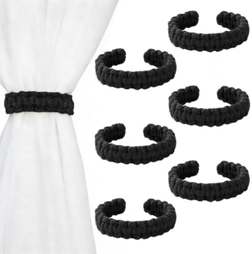 Moling 6 Stück Elegant Vorhang Raffhalter in Geflochten Leinen,Gardinenhalter Gardinenband Vorhanghalter Deko Schlafzimmer (Schwarz)