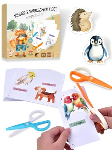 Kinderschere Set mit 2 Scheren und 48 Bastelpapier (mit je 2 Tieren), Bastelset für Kinder ab 3 Jahre, Montessori Lernspielzeug für Feinmotorik, Vorschule & zu Hause, Ideales Ostergeschenk