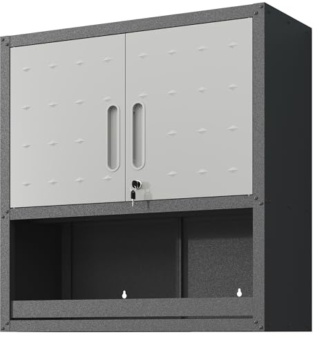 HaoChrymec Metall-Werkzeugschrank Wandmontierbar mit Schließtür, 1 Einlegeboden & 1 Offenem Schub, Robust, Pulverbeschichtet, Ideal für Garage, Büro, Lager, Schwarz+Grau, 75.00 x 30.00 x 77.00 cm
