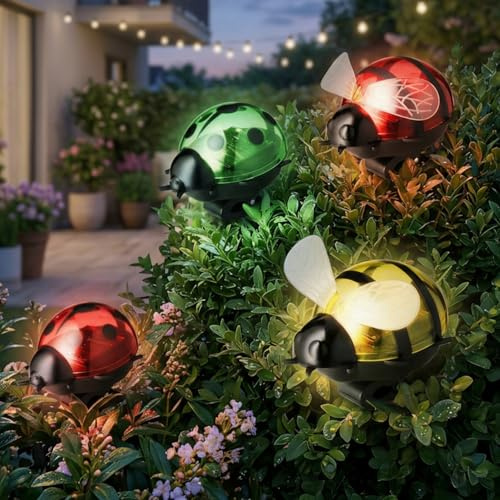 MIJOMA Solar Käfer 4er Set mit Clip – LED Gartenleuchte als Insekten Deko – Solar Figuren für Hecke Pflanzen Balkon – Outdoor Gartenbeleuchtung bunt