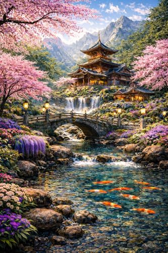 Yunlus Puzzle da 1000 Pezzi di Fiori di Ciliegio per Adulti Impossibile Difficile 1000 Pezzi Paesaggio di Montagna Foresta Fiore Lago Parco Puzzle 70 x 50 cm