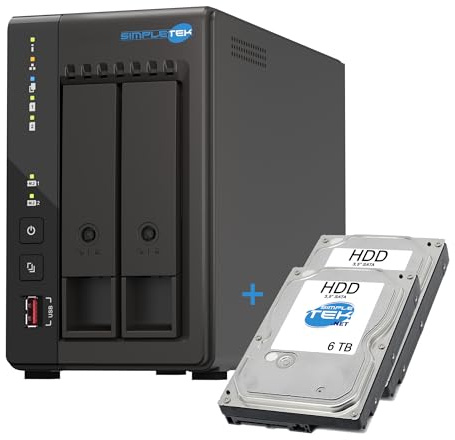 SIMPLETEK - 2-Bay NAS Storage Server with 2x HDD 6TB - Quad-Core 2.0GHz - 8GB DDR4 RAM Integrated - 2 M.2 NVMe Slots - Dual Network 2.5GbE
