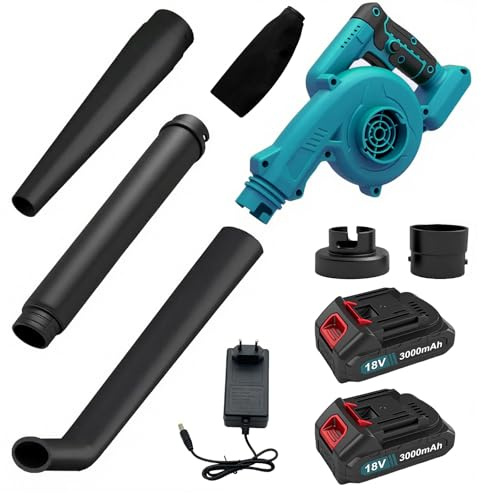 Akku Laubbläser mit 2X 3000mAh Akku und Ladegerät, 3-in-1 Laubbläser & Laubsauger, 13000 U/min Stufenlose Geschwindigkeit, Kompatibel mit Makita-Akku, für Garten Hof Terrasse Auto 300W