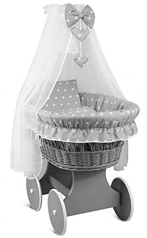 BABYMAM Wicker Wheel Stand Moses Basket Baby Bassinet Crib with Full Cotton Bedding Sets Liner Cover Mattress Canopy - Grey/Small White Stars On Grey
