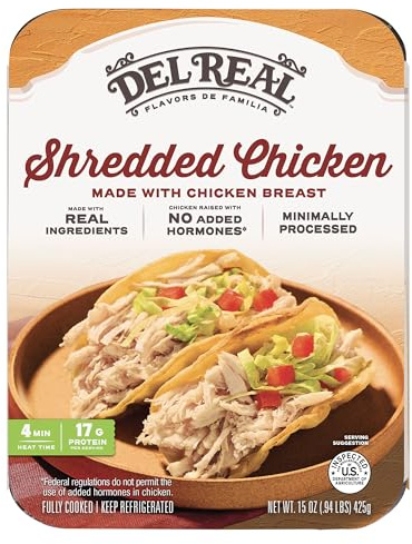 Del Real Foods Shredded Chicken, Pollo Deshebrado – Authentic Mexican, Ready to Eat, Family Size, Meal Prep Pack, Heat & Serve, Gluten Free, Ideal for Tacos and Tamales, 15oz