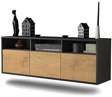 Dekati Lowboard Kansas City hängend (136x47x35cm) Korpus anthrazit matt - Front Holz-Design Eiche - Push to Open