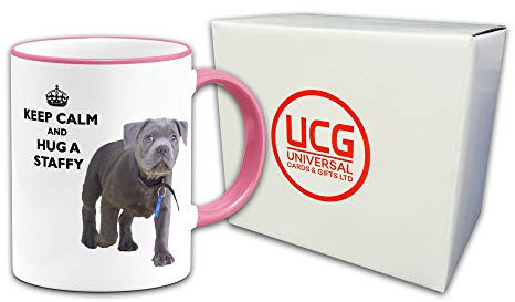 Mug fantaisie avec inscription « Keep Calm and Hug A Staffy » - Poignée et bord roses
