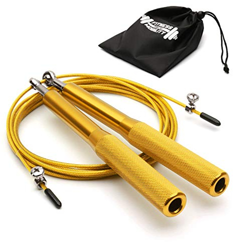 CKB LTD Elite Speed-Springseil für Erwachsene, mit Reisetasche, Premium-Aluminium-Griffe, Fitness, verstellbar, 3 m, funktionelle Fitness, Training, Training, doppelte Unterhose, 1 Stück (Gold)