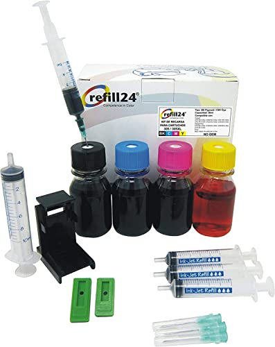 refill24 Nachfüllset kompatibel mit HP 305/305XL / 307/307XL Druckerpatronen Farbe & Schwarz, Nachfülltinte passend für DeskJet Plus Envy, Refillset mit Zubehör, Anleitung, 240 ml Druckertinte