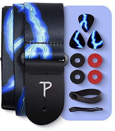Perri's Leathers Ltd. - Set - Polyester-Gitarrengurt - Blaue Blitze - BONUS - 3 Plektren 0,71mm - 1 Leder-Akustik-Adapter - 4 Gurt- & Riemenverschlüsse (LPCP-46-PKG)