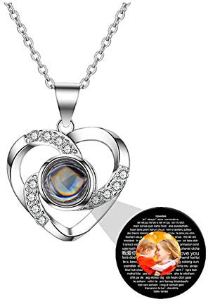 Personalized Custom Photo I Love You Necklace Silver Rose Gold 100 Languages Projection Pendant Jewelry Gift for Mom Women Wife Mother's Day Necklace(Rose gold full color 18)