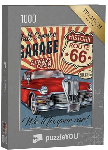 puzzleYOU: Puzzle 1000 Teile „Vintage-Stil: Route 66, Retro-Poster mit rotem Oldtimer“ – aus der Puzzle-Kollektion Vintage