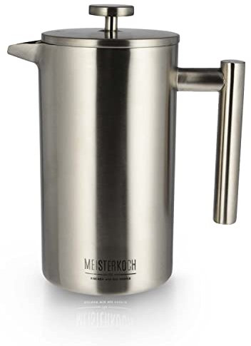 Meisterkoch French Press Kaffeepresse Thermo-Kaffeebereiter aus Edelstahl in silber, 1 Liter, 5-7 Tassen, doppelwandig isoliert, rostfrei, nachhaltig, für Camping, Reisen und Zuhause