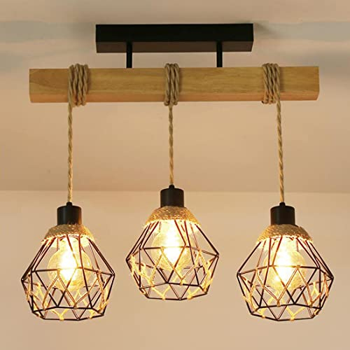 Pendelleuchte Vintage Holz Rustikal Deckenleuchte Rustikalem Hanf-Seil Esszimmer Esstisch Lampe 3-flammig Modern E27 LED Deckenbeleuchtung für Wohnzimmer, Küche, Schlafzimmer, Kronleuchter, D55cm