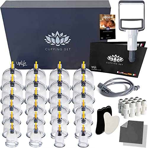 Uplife Kit de 24 Ventouses Thérapeutiques -Instructions en Français- Ventouses Chinoises et Kiné pour Massage Anti Cellulite et Cupping - Ventouses Dos et Kinesithérapie - Kit Hijama Professionnel