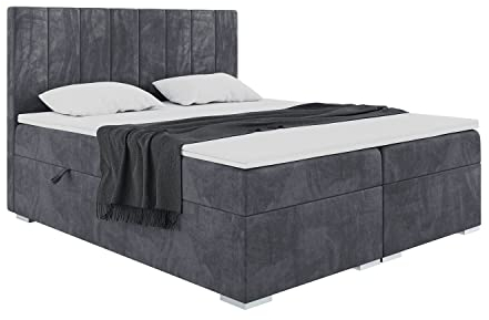 MEBLINI Boxspringbett mit Bettkasten - Gepolstert Doppelbett mit Matratze und Topper - Polsterbett mit Stauraum - Bett mit Kopfteil - Stauraumbett - Puro - 160x200 - H3/Dunkelgrau Samt
