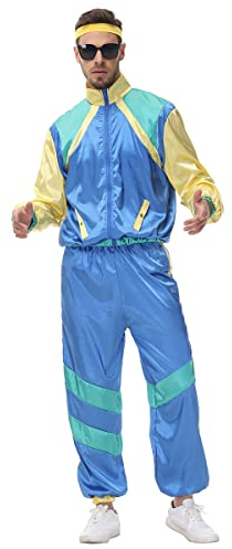 80er Jahre Outfit Herren 70er 90er Trainingsanzug Langarm Jacke und Hose Anzug Zeitreise Schlagermove Kleidung New Kids Kostüm Hippie Festival Rave Halloween Karneval Party Faschingskostüme Blau XL