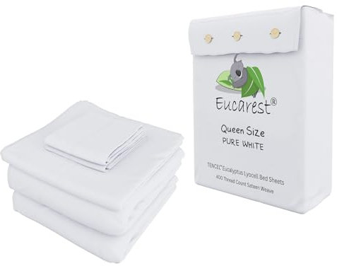 Queen-Size-Bettlaken aus Eukalyptus-Lyocell, mit 45.7 cm tiefen Taschen, 100 % biologisch und hypoallergen, Seide oder Leinen.,Weiß ite-