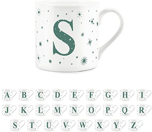 Purely Home Letter S Star Mug - Bone China White Coffee/Tea Present Gift - Alphabet Letter Mug with Stars in Teal Green Blue