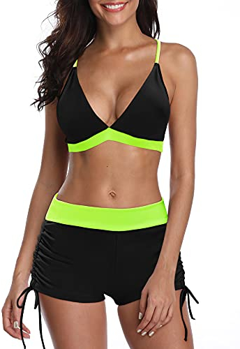 PONCEAU Bikini Damen Set Push Up Verstellbar Bikinioberteil Zweiteiliger Wickel Bikinihose Tiefer V Ausschnitt Oberteil Bikinihose Hotpants Strandkleidung