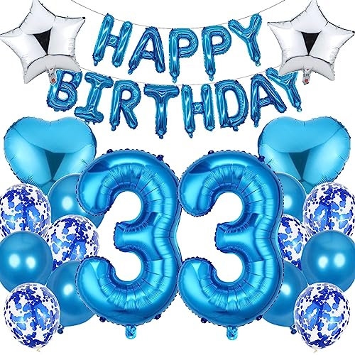 Ouceanwin Luftballon 33. Geburtstag Deko Mann, Blau Geburtstagsdeko 33 Jahre Männer, Folienballon Happy Birthday Deko 33. Geburtstag Mann Frauen, Ballons 33. Geburtstag Dekoration Set