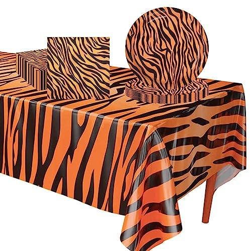 POPOYU 37Pcs Jungle Safari Animal Print Tableware Set,Tiger Print Paper Plates 9 Inch Napkins Table Cloth,Tiger Birthday Decorations for Jungle Safari Animal Wild One Birthday Hen Party Supplies
