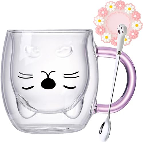 Arawat Katzen Tasse Glas Doppelwandige Gläser Katze mit Pink Henkel Kaffeetasse mit Löffel & Untersetzer Kaffeebecher Tassen Trinkgläser Katze Gläser Teetasse Geburtstag Geschenk für Frauen Freundin