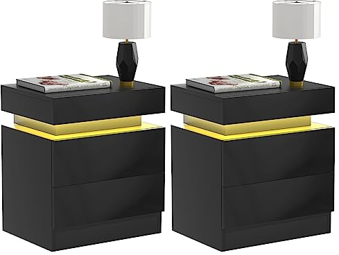 PIPIPOXER 2er Set Nachttisch mit LED Licht, Nachtkommode mit 2 Schubladen und Hochglanz Kommode Nachttisch Nachtschrank Tisch, Led 16 Farben Beleuchtung Beistelltisch für Schlafzimmer, Schwarz