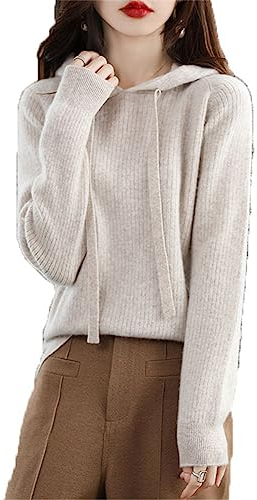 Youllyuu Kaschmir-Kapuzenpullover für Damen, 100% Wolle, gestrickter Kapuzenpullover, Lazy Bottomed Hoodie Beige L