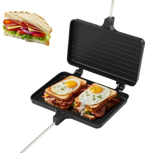Sandwichera de hierro doble para fogata, parrilla de sándwich con mango aislado con revestimiento antiadherente, sartén de conducción rápida del calor para equipos de utensilios de cocina de camping