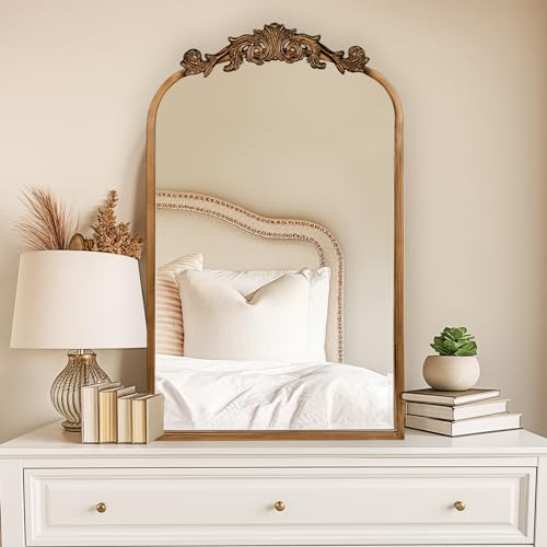 USHOWER 48,3 x 78,7 cm Gold Vintage Spiegel für Wand, antiker Barockspiegel mit kunstvollem Rahmen, gewölbter Messingspiegel für Badezimmer, Wohnzimmer, Kamin, Eingang