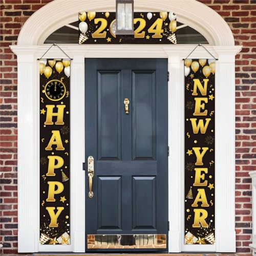 HAKOTOM 3 Stück Neujahr Tür Banner 2025 Silvester Deko Frohes Neues Jahr Tür Banner Schwarz Gold Happy New Year Banner Willkommen Veranda Schild für 2025 Silvester Party 30x185 cm(Schwarz)