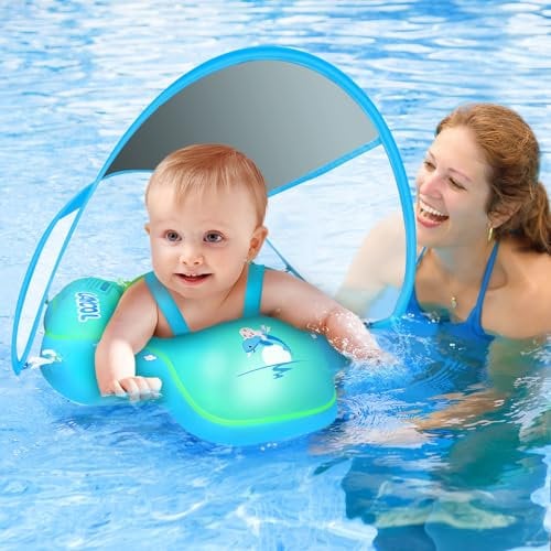 LAYCOL Baby Swimming Float Inflatable Baby Swim Float Newest with Sun Protection Canopy and a Float Ball, Baby Pool Float for Age of 3-36 Months(Blue,L)