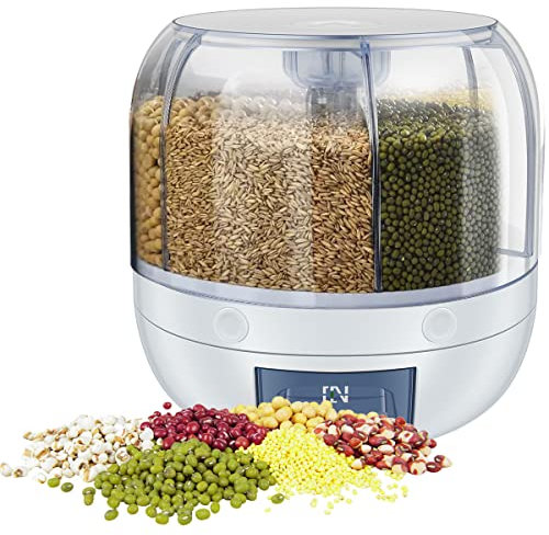 6 Grid Rotating Food Dispenser Round Rice Storage Container Transparent 3kg Capacity with Removable Lid Dry Food Sealed Storage for Home Kitchen Organiser