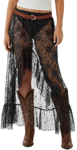 Cicy Bell Womens Lace Maxi Skirt Summer High Low Asymmetrical Sheer Y2K Sexy Beach Cover-up Long Skirts Black