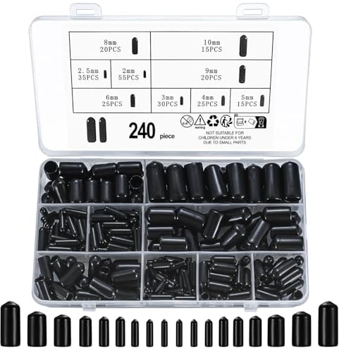 240 Pièces Embouts en Caoutchouc, Protecteurs de Filetage de Vis en Plastique PVC, Capuchons de Protection, Couvercle, Embouts de Boulons, Cache-Boulons - 9 Tailles/Noir