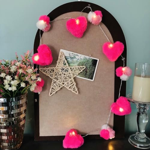 Riaxuebiy Herzbommel Lichterketten,Batteriebetrieben 10 Makkaronfarbe Herzförmig Pom Poms mit LEDs in Warmweiß, mit TIMER-Funktion (Heiß Rosa)