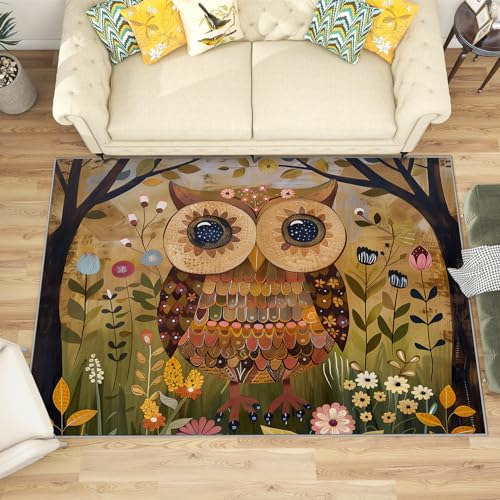 Eulen Teppich Kinderzimmer - Teppich Wohnzimmer Schlafzimmer Eule Kinder, Großer Teppich Waldtiere, Weich Kurzflor & Waschbar & rutschfest Wohnzimmerteppich, Kinderteppich, Bettvorleger 120x180 cm
