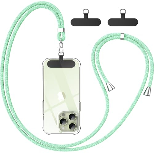 caslord Cordon Telephone Portable, Avec 2 Patchs Noirs Durables, Lanière de Téléphone Portable 1,6m Adjustable, Collier Compatibles avec Tous Les Smartphones et Plupart des Coques-Menthe verte