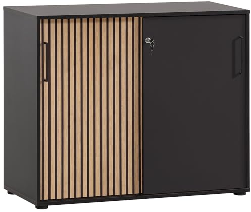 Lomadox Aktenschrank abschließbar Büroschrank mit Schiebetüren 100cm Breite modern in schwarz Akustikpaneel-Optik