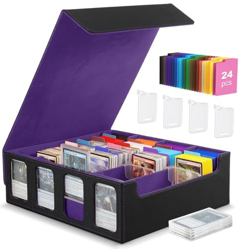 MoKo Kartenaufbewahrungsbox für Trading Cards, 3000+ MTG Deck Box mit 24 bunten Trennwänden & 4 Kartenhalterungen, Kartendeck-Hülle mit Sichtfenster, passend für Magic Game Cards, YugiOh, Schwarz/Lila