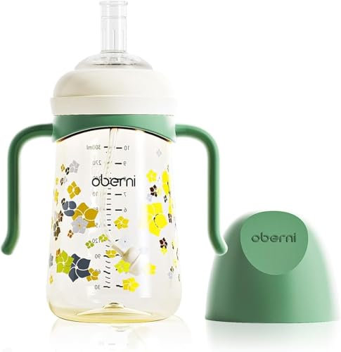 Oberni Non-Spill Toddler Sippy Cup, Weighted Straw PPSU Baby Water Bottle, Leak-Proof Spout Cup with Removable Handles for 6 Months Plus, BPA Free (240ml / 8oz / Green/Pack of One)