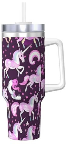 Taza de café aislada de acero inoxidable con estampado rojo de unicornios de 40 onzas, termo para viajes, hogar, oficina, uso al aire libre