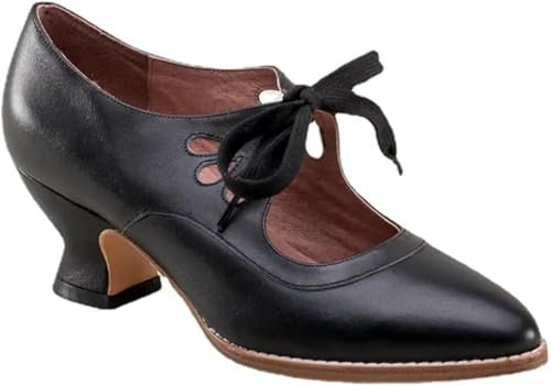 Women's Mary Jane Pumps Vintage Chunky Heel Lace Up High Heel Ladies Hollow Pointed Toe Dress Shoes for Daily(Black,5.5 UK)
