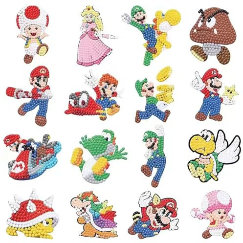 5D Diamond Painting Aufkleber Kits, 16 Stück DIY Diamant Aufkleber Kit, Cartoon Diamantmalerei für Kinder, DIY Diamant Painting Kit für Kinder und Erwachsene Anfänger, Geburtstags Geschenk für Kinder