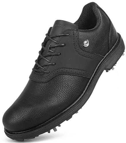 NGARY Zapatos de Golf para Hombre, de Cuero, Impermeables, con Clavos, Zapatillas de Golf para golfistas, Zapatillas de Deporte para Gimnasio al Aire Libre, Talla Grande,Negro,45 EU